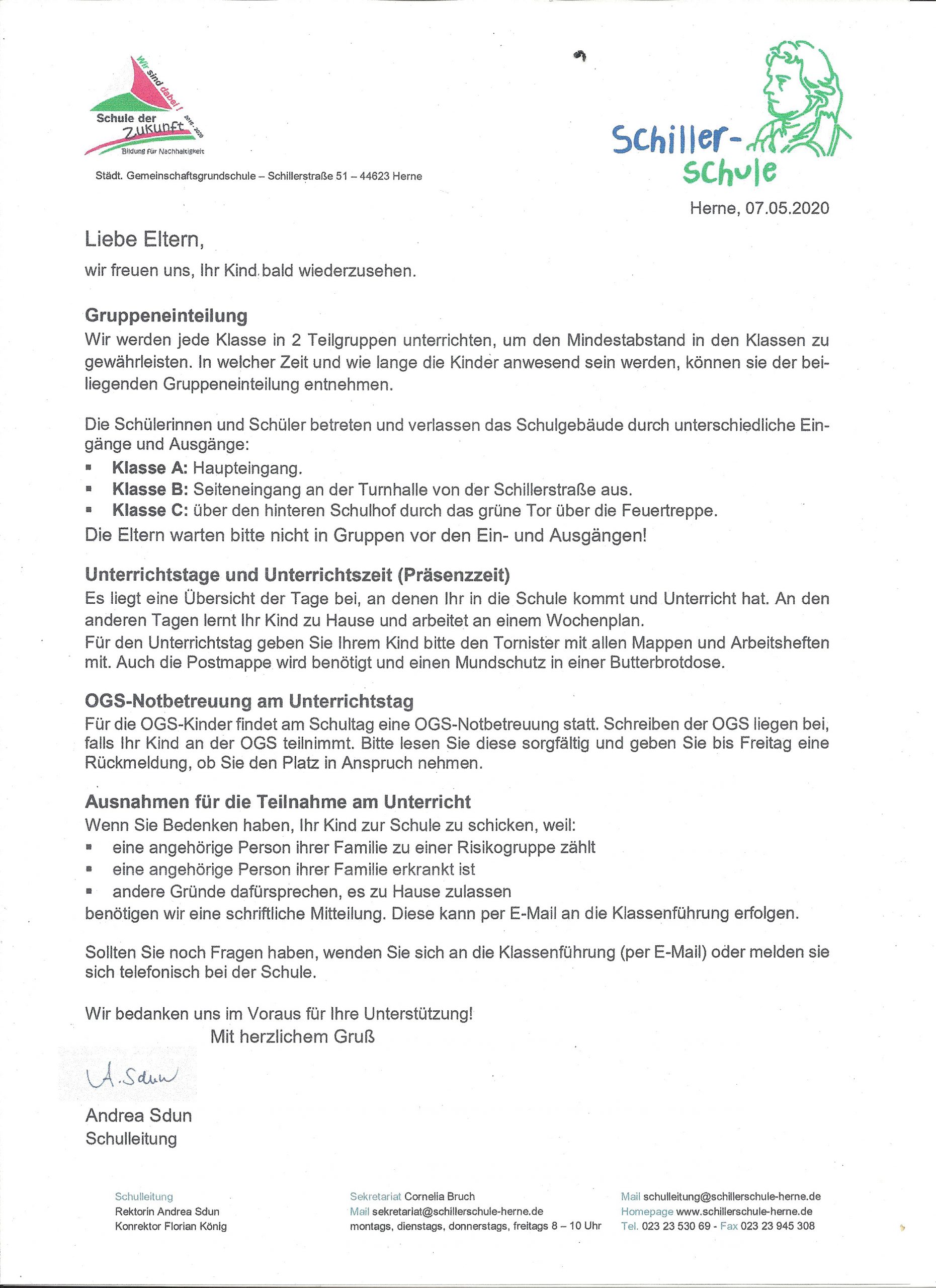 Elternbrief zum Neustart am Montag (11.05.2020) | Schillerschule Herne